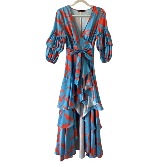 INA[f:na] Women's Maxi Dress Tiered Ruffle Orange Floral Long Sleeve Small - Picture 1 of 6